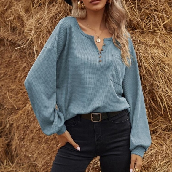 Waffle knit half placket button down henley long sleeve tee shirt boho black - Picture 9 of 14